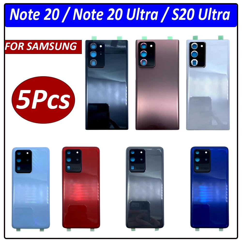 

5Pcs，Replacement For Samsung Galaxy Note 20 S20 Ultra Battery Back Cover Rear Door Glass Panel Housing Case With Camera Lens