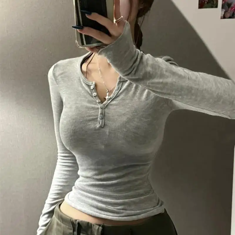 Fashion Versatile Long Sleeve Tight-fitting Tees Korean Spring Summer Women See-through T-Shirts Half-Open Collar Button Tops 3