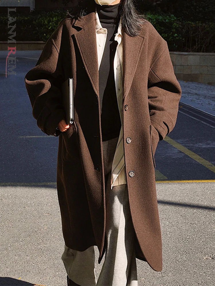 

[LANMREM] High End Korean Version Wool Coat Long For Women Lapel Single Breasted Thicken Warm Female Jackets 2023 winter New