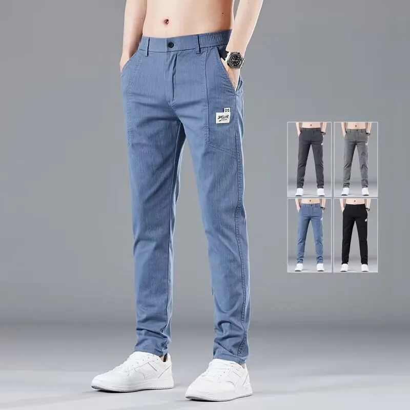 

Spring Summer Elastic Waist Design Men's Thin Casual Pants Korean Fashion Cotton Stretch Business Trousers Male Grey Blue