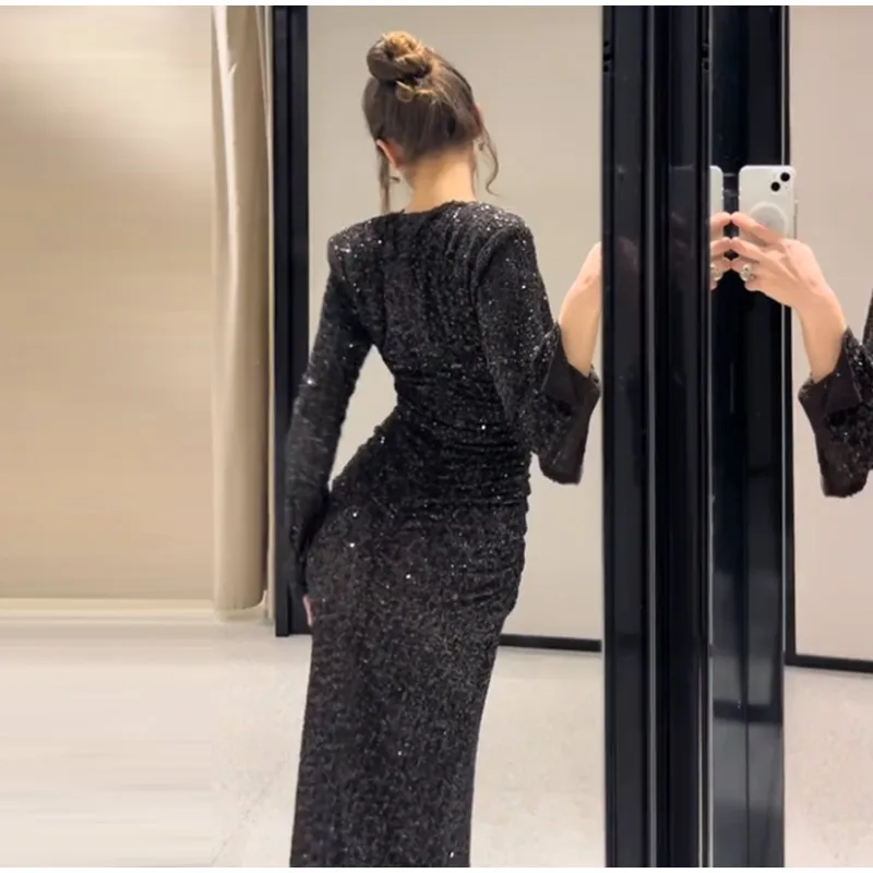 Frauen Party Kleid Sexy Tiefem V-ausschnitt Pailletten Split Volle Hülse Hüfte Paket Kleider Weibliche 2025, Herbst Frau Abend Vestidos – Detail 5