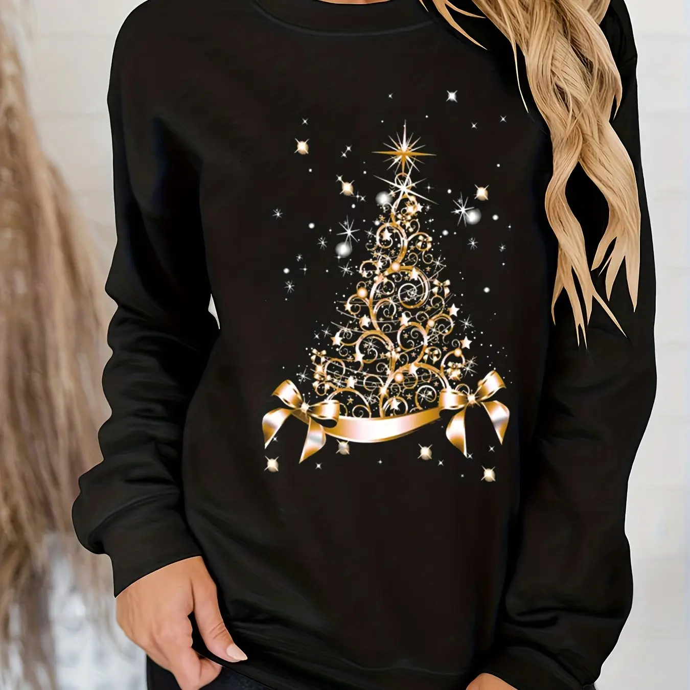 

Christmas Casual Sweatshirt Women's Plus Shiny Tree Print Long Sleeve Crew Neck Slight Stretch Pullover Top