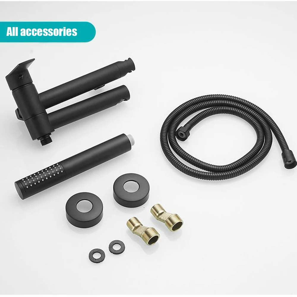 Matte Black Bathtub Shower Faucet Swivel Tub Spout Wall Mounted Bath Mixer Waterfall Bathtub Tap with Handheld Shower Head Crane 6