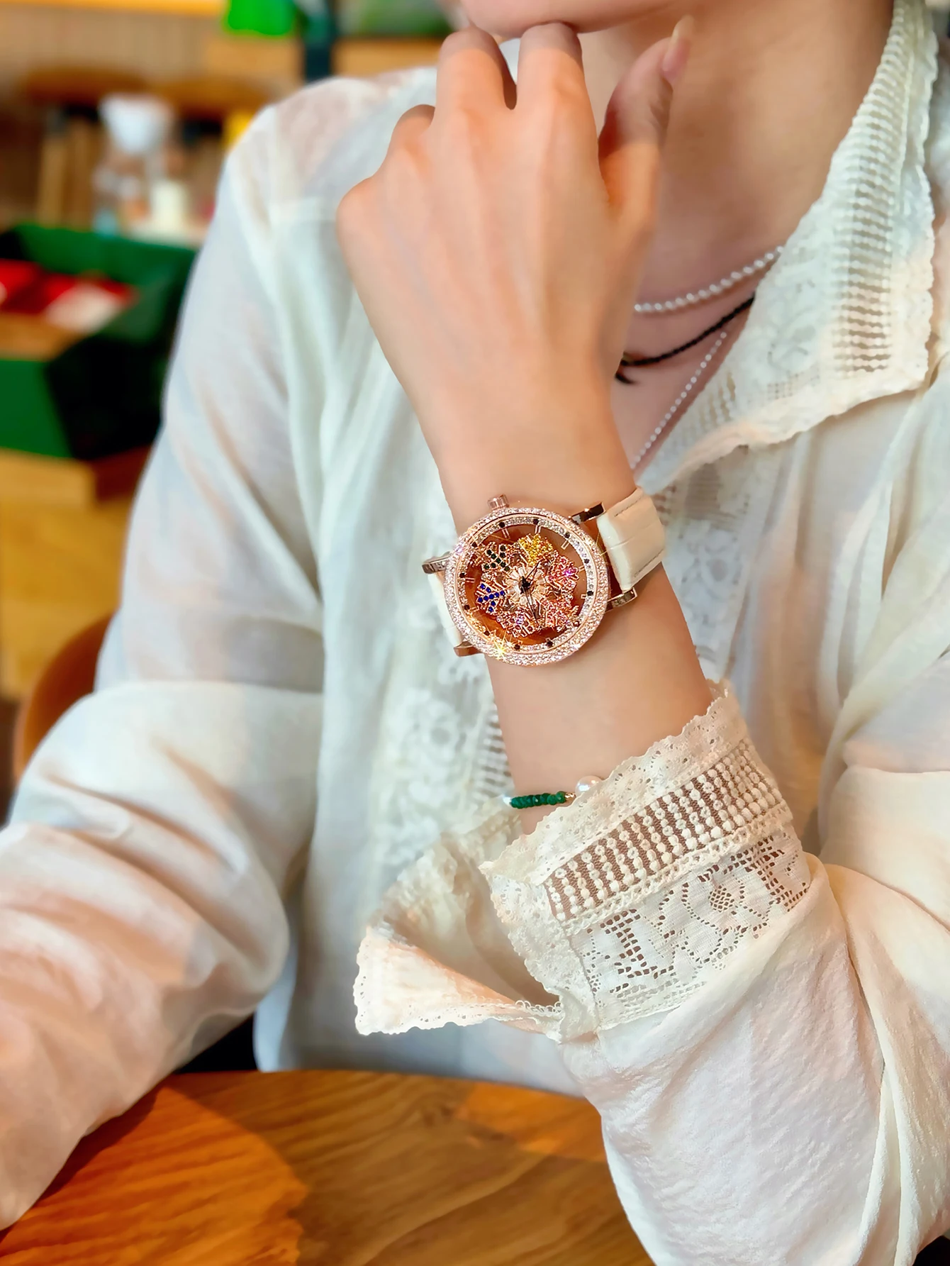 Gold Elegant Ladies Quartz Watch with Snowflake Dial & Leather Strap
