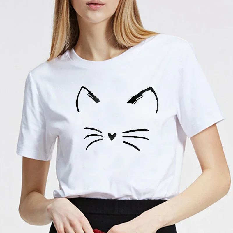 

Cute women's printed cat face printed T-shirt, round neck short sleeve casual shirt, women's casual dress comfortable