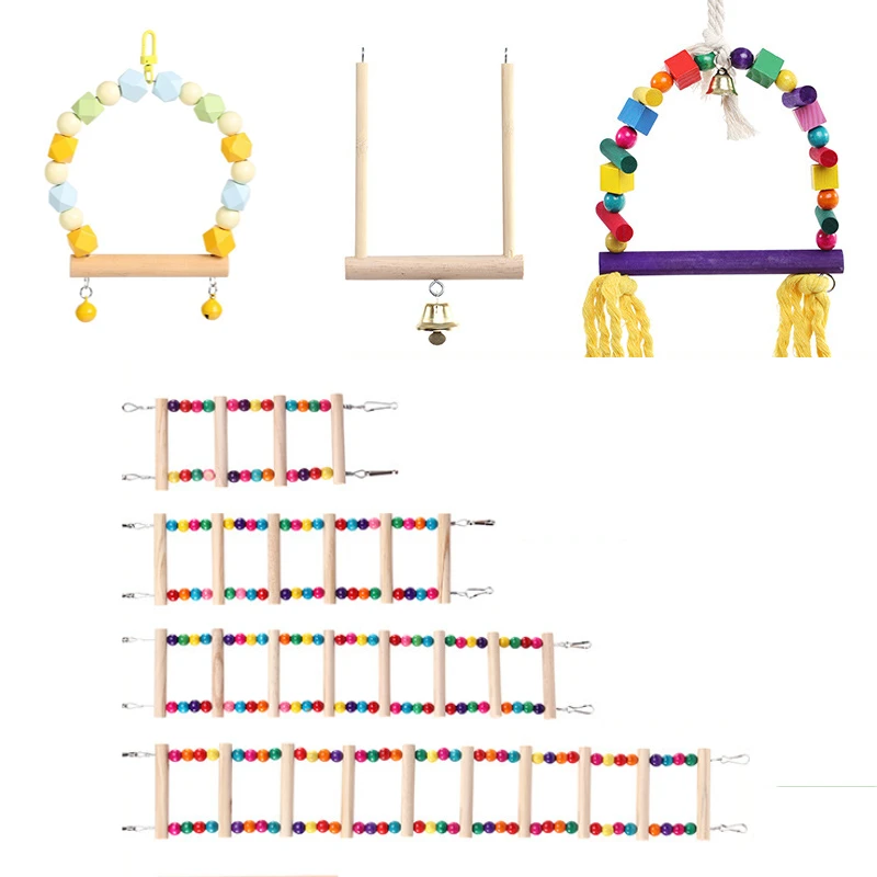 Wood Parrot Toys Bird Toy Cage Bird Accessories Swing Suspension Bridge Ball Cage Bells Pet Supplies Set