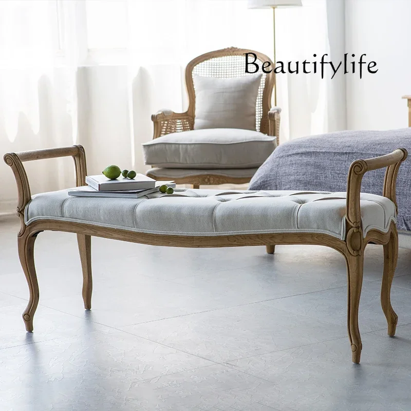

American Country Retro Bed Stool Carved Solid Wood Soft Bag Sofa Stool