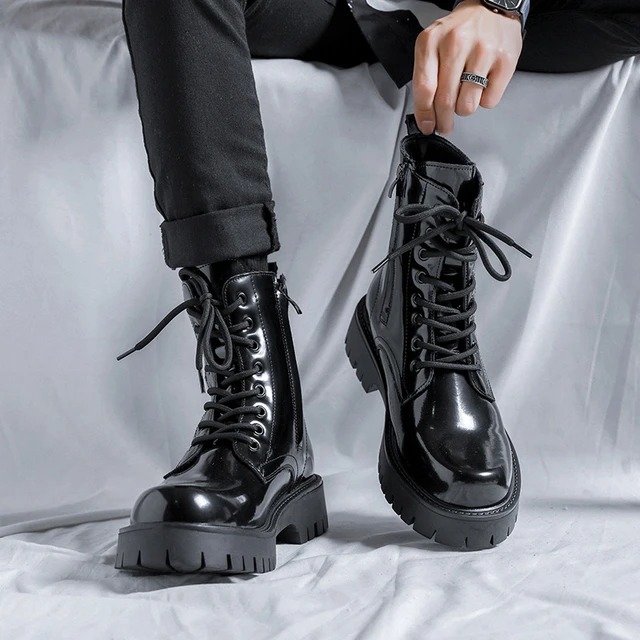 Botas de charol de estilo inglés para hombre, zapatos de plataforma con  estilo negro, botas altas para motocicleta, botas largas bonitas -  AliExpress