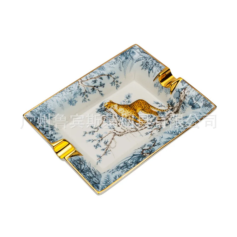 Cigar Ashtray Guochao Snow Leopard Double Smoke Groove Ceramic Gilt Cigar Cigarette Tank