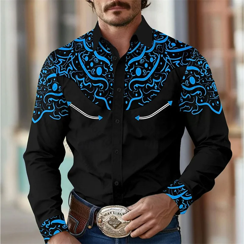 thumbnail image 1 of Camisa de hombre estilo occidental retro geométrico para exteriores, informal, de calle, para uso diario, primavera y otoño, con solapa, manga larga, tallas S-5XL, tela elástica, 1 of 5
