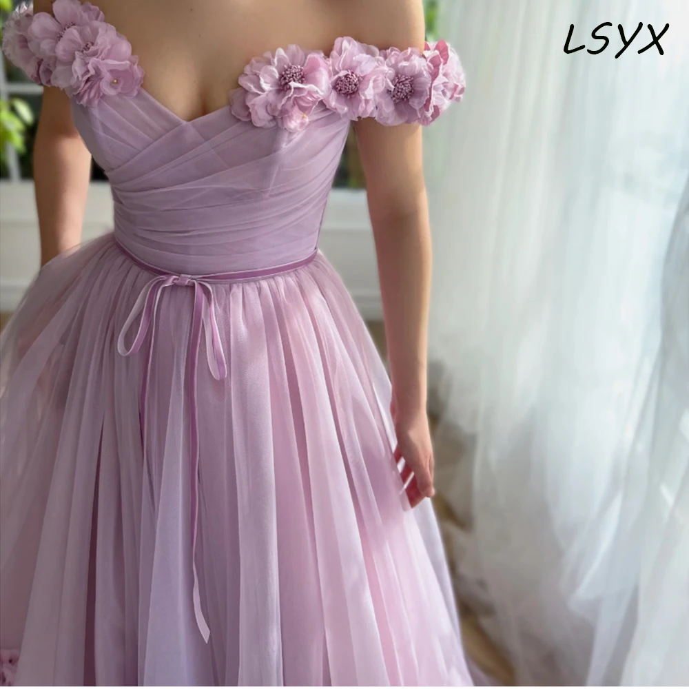 LSYX Purple Off The Shoulder Evening Gown 2024 Applique Flowers A Line High Split Simple Tulle Prom Dresses Robes De Soiree