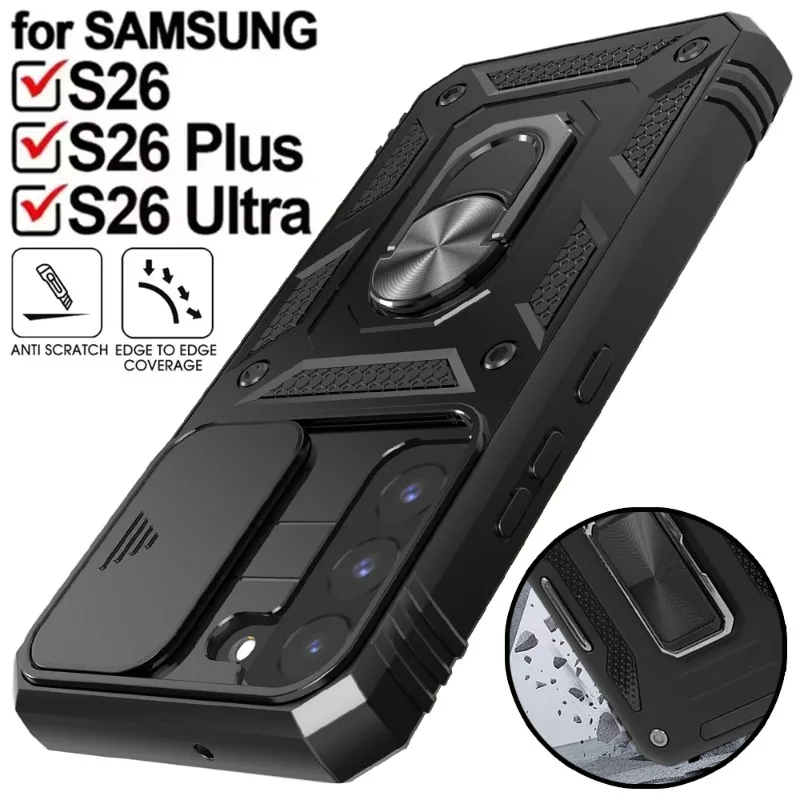 Military Armor Slide Lens Phone Case with Ring Stand and Magnetic Holder - Anti-Drop Protection Cover