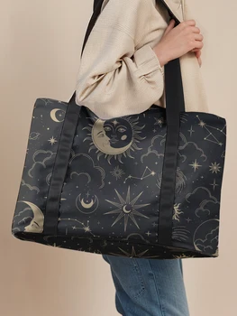 Borsa tote grande con stampa Sole Luna Stella, borsa a tracolla, tracolla larga per riporre oggetti, ideale per viaggi, spiaggia, shopping, palestra e pendolarismo quotidiano