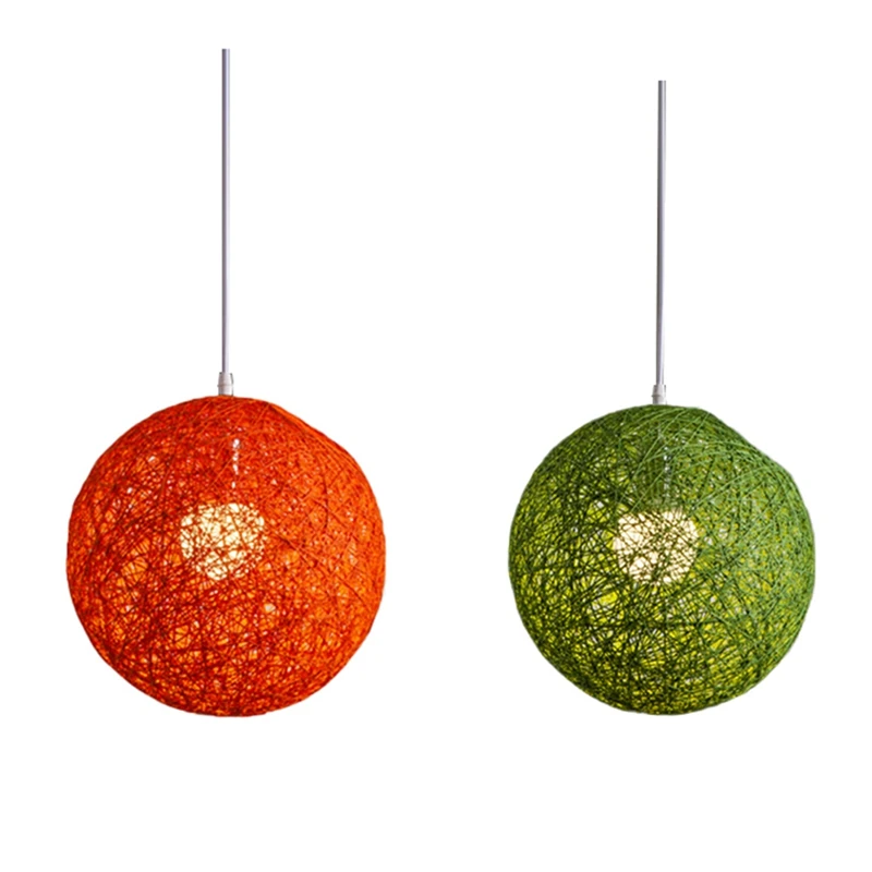 

2X Green /Orange Bamboo, Rattan And Hemp Ball Chandelier Individual Creativity Spherical Rattan Nest Lampshade