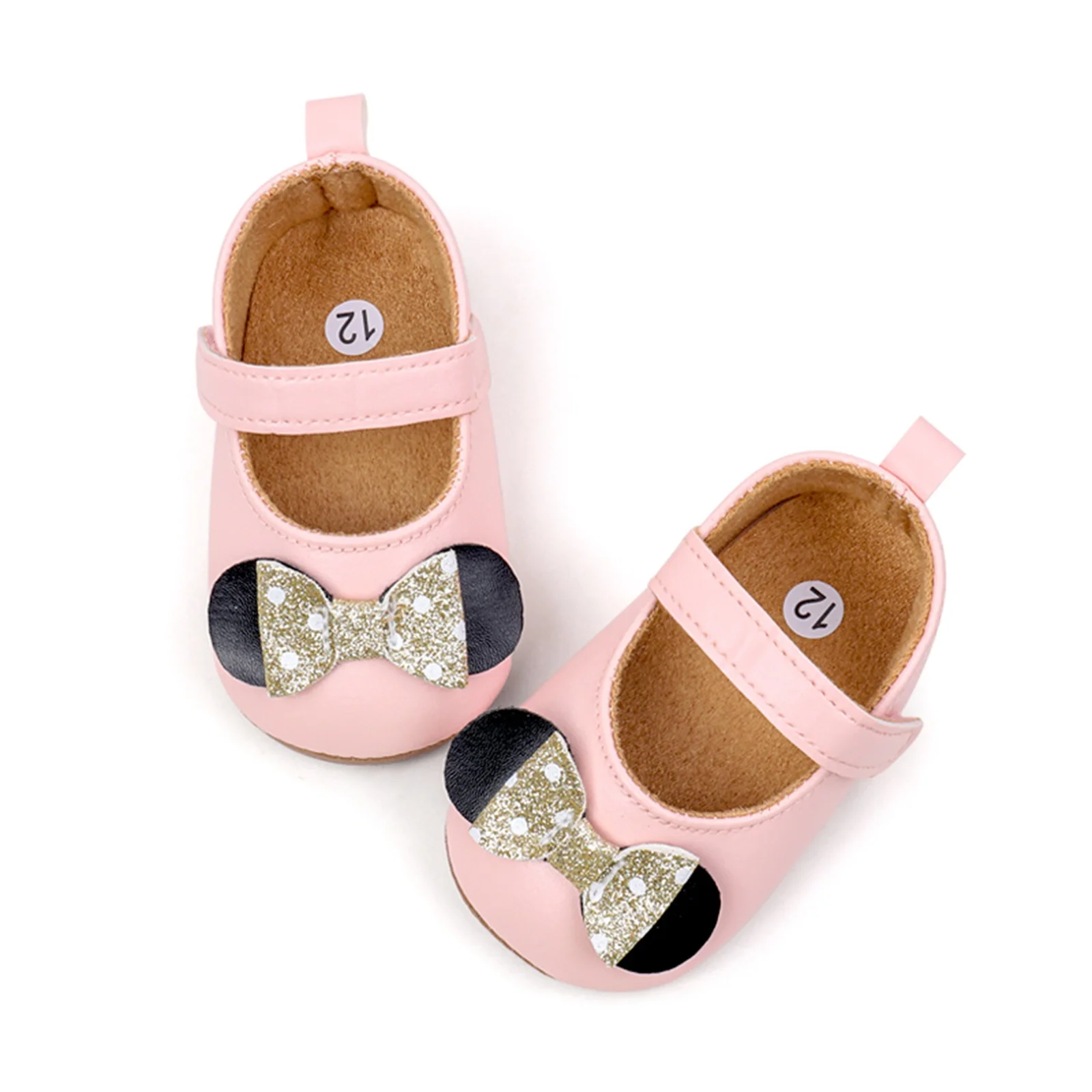 Baby Girls Glitter Bowknot Princess Dress Shoes Cute PU Leather Non-Slip Crib Shoes for Infants Toddlers Walking