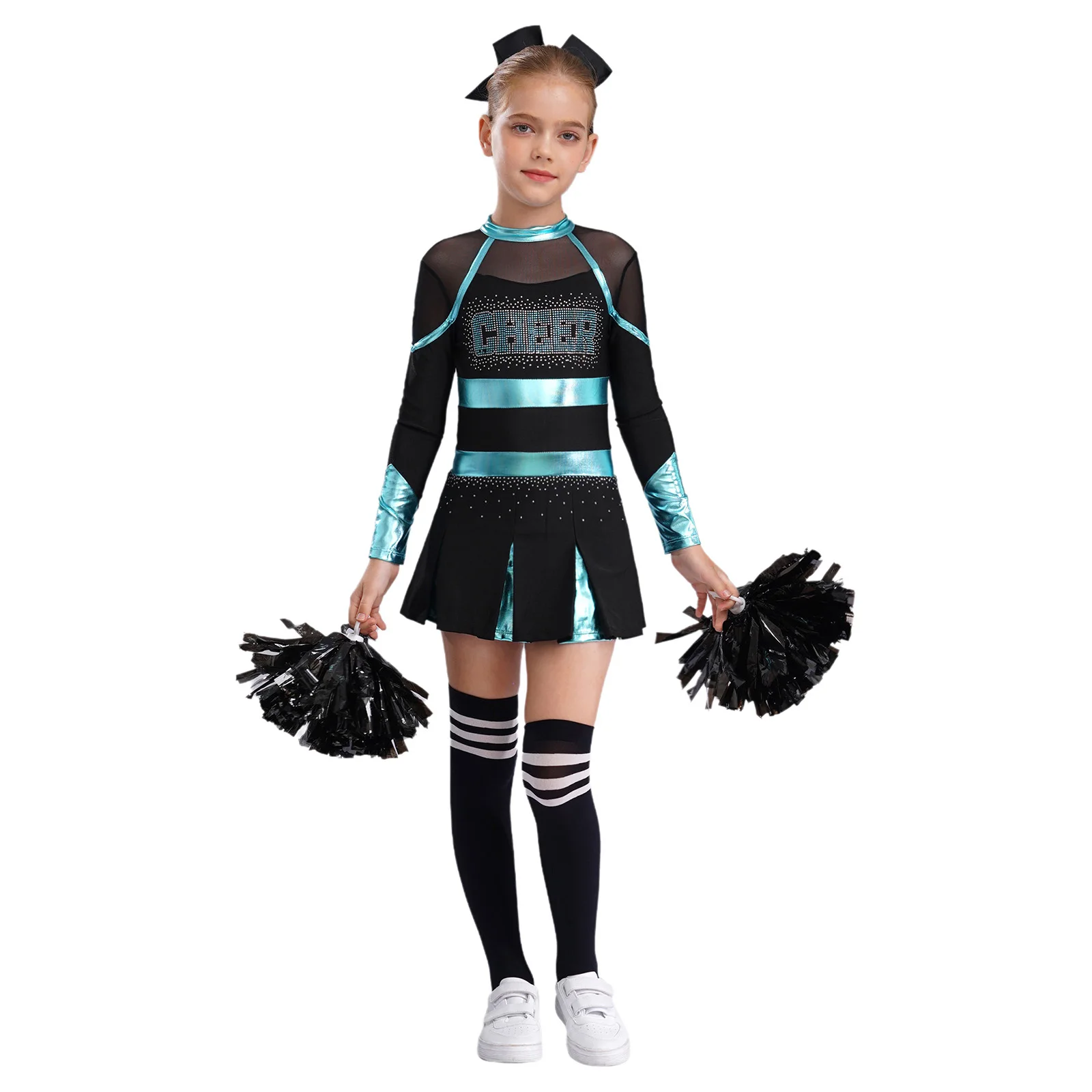 Kinder Mädchen Cheerleading Uniform Cheerleader Tanzkostüm Glitzernde Strasssteine Buchstabenmuster Metallic Langarm Plissee Kleid – Detail 30