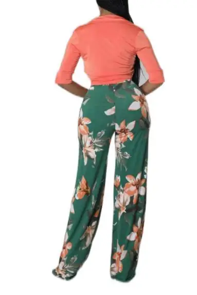 

2023 Women's New Hot Selling 5/4 Sleeve Fashion Slim Fit Top High Waist Flower Pattern Wide Leg Trouser Set