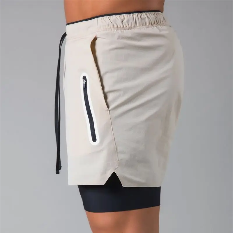 Zip pocket 2 in 11 double layered men's shorts with built-in pocket sports pentagram pants jogger fitness fashion shorts