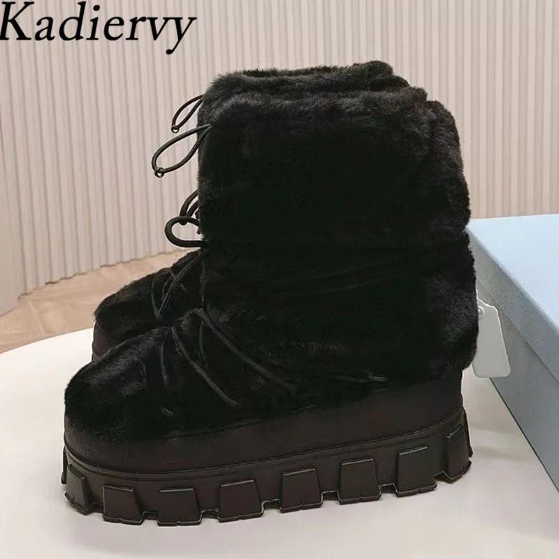 

New Fur Snow Boots Woman Cross Lace Up Flat Platform Shoes Wool Warm Winter Short Boots Thick Sole Motorcycle Boots Women