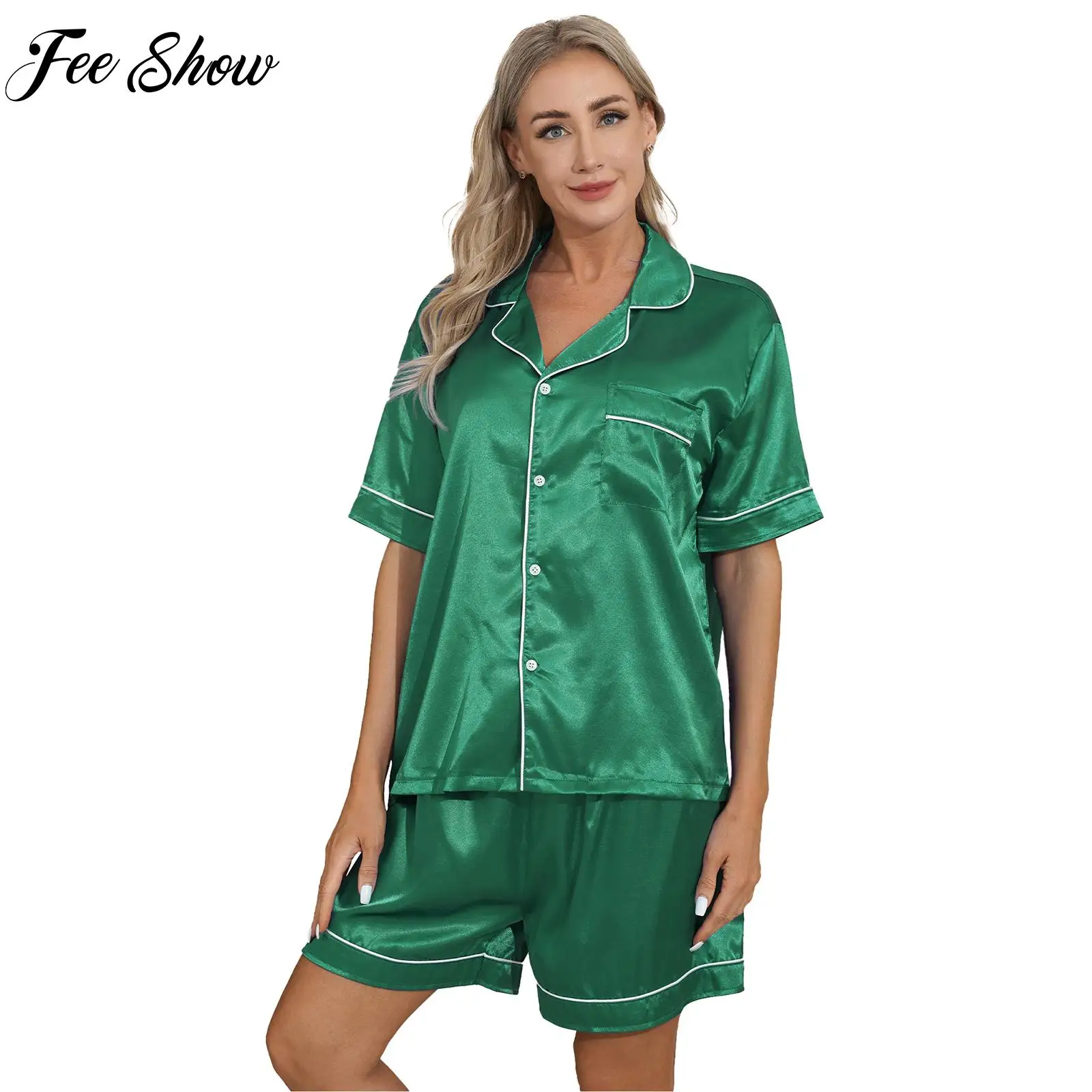 

Womens Silky Satin Pajamas Set Notch Collar Short Sleeves Button Down Shirt Top with Boxer Shorts for Sleepwear Loungewear