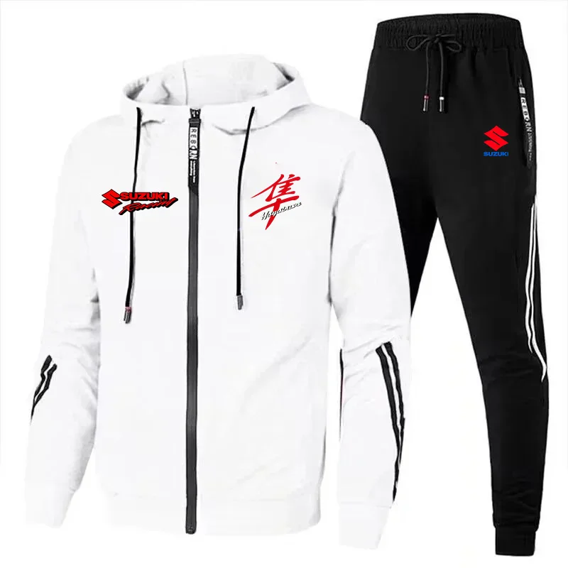 New Suzuki sportswear set for men, featuring a zip-up hooded sweatshirt and pants with Suzuki logo print. Quick delivery.