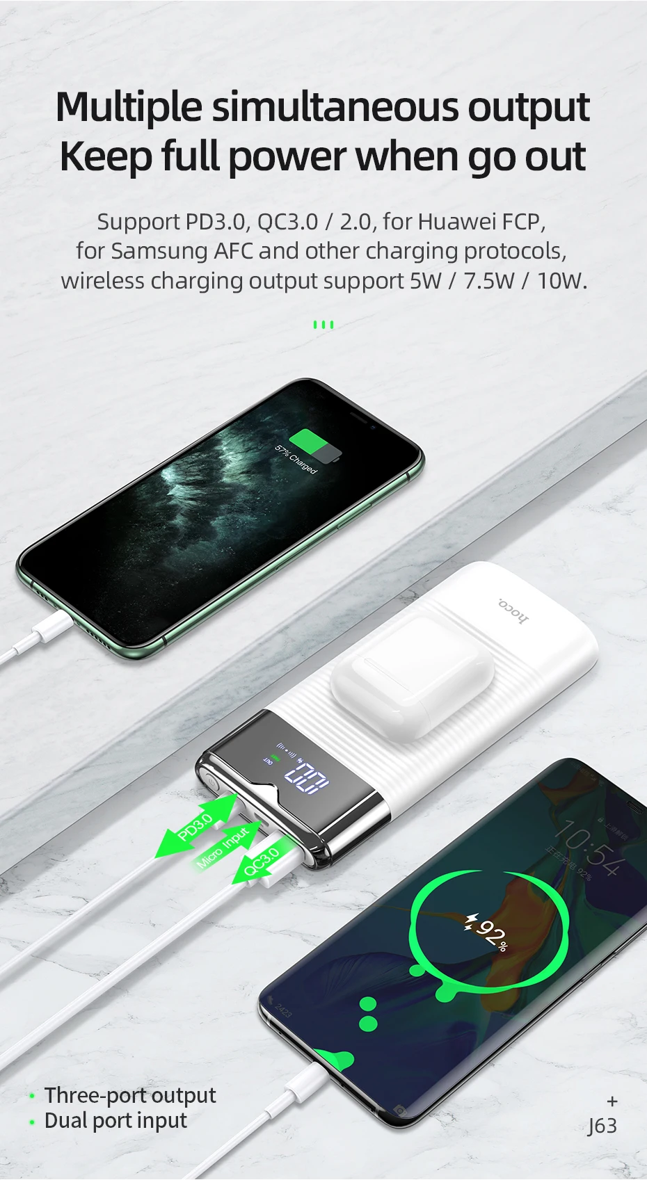 portable battery charger HOCO Power Bank 10000mAh 22.5Ｗ PD Fast Charging with 15W wireless charging Powerbank Portable Battery Charge For iphone 13 12 11 pocket power bank