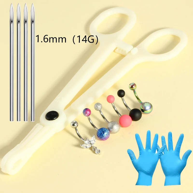 Navel Rings Piercing Jewelry Stainless Steel Cubic Zircon Belly Button Piercing Needles and Clamps Tool For Woman
