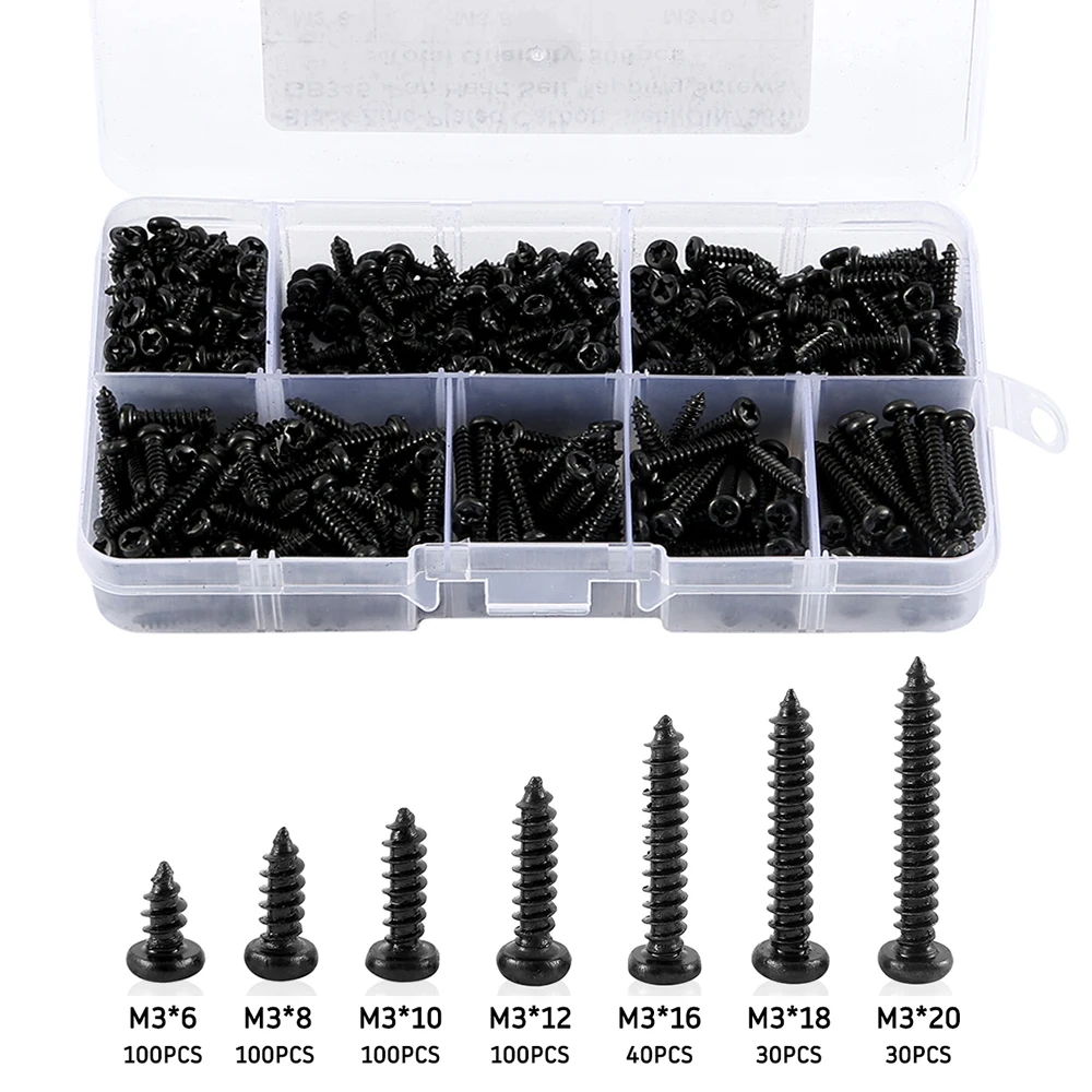 500pcs M3 Screws Black Self Tapping Screws Pan Head Cross Self Drilling Wood Screw Assortment Kit 6/8/10/12/16/18/20mm Carbon