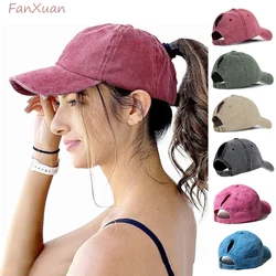 2022 Vintage Ponytail Baseball Cap for Women Pure Color Soft Washed Cotton Sun Hats Female Messy High Bun Women's Caps
