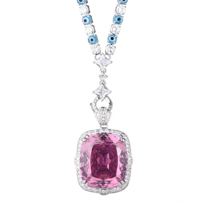 Exquisite Adjustable Ring Pendant Necklace Blue Pink High Carbon Drill Cushion Cut Jewelry in Elegant Style for Women Party Gift
