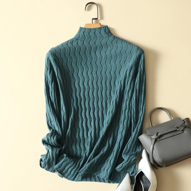 

Mock Neck Elastic Knitted Women Sweater Pullovers Autumn New Design 2022 Long-Sleeved Elegant Female Pulls Outwear Tops