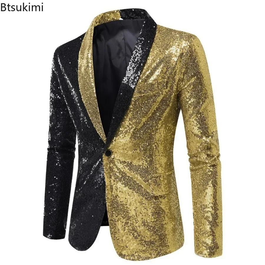 Men's Patchwork Sequins Tuxedo Blazers Stylish Shiny Shawl Lapel One Button Blazer Suit Jacket Men Disco Party Stage Costume