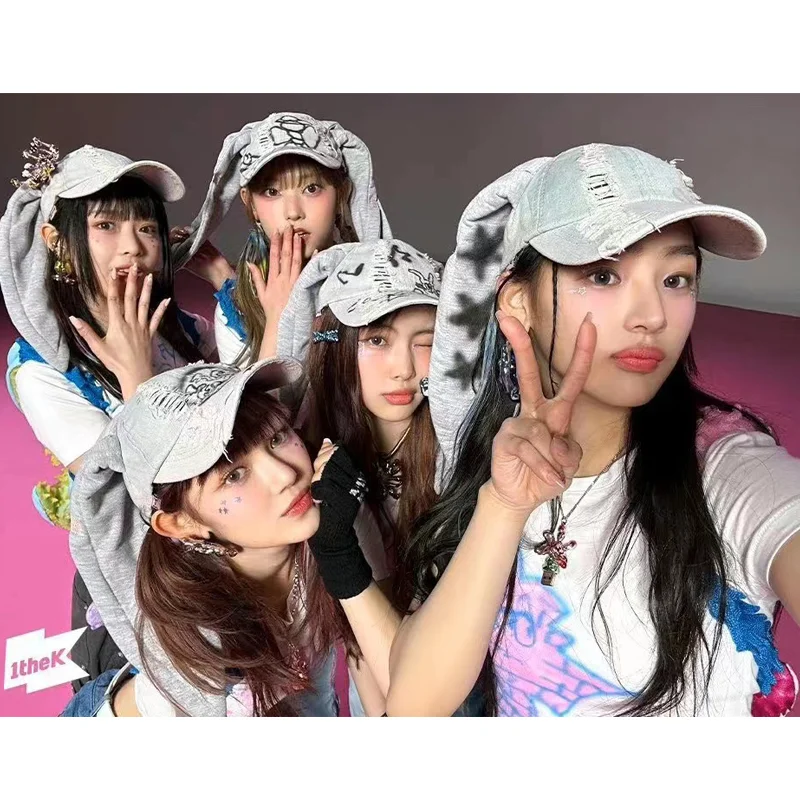 NewJeans MinJi Haerin OMG Stage Long chapeau d'oreille de lapin Y2K Style Denim bleu casquette de Baseball mode Hip-Pop casquette Couple cadeaux d'anniversaire_voghion.com