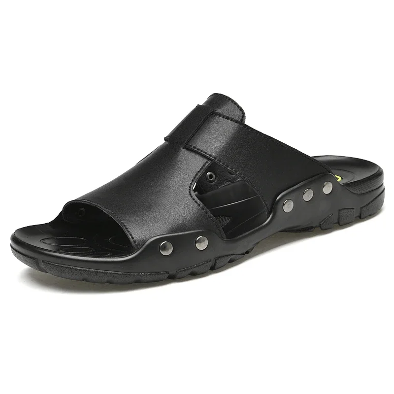 

Summer men leather slides slippers plus size 50 51 52 casual shoes outdoor beach Black soft sandals flat new fashion 2021