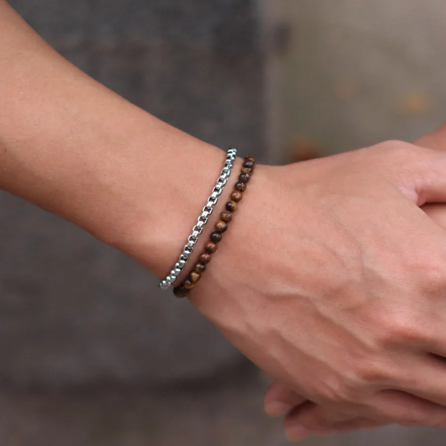 Men Stainless Steel Cuban Chain Bracelet Set Natural Stone