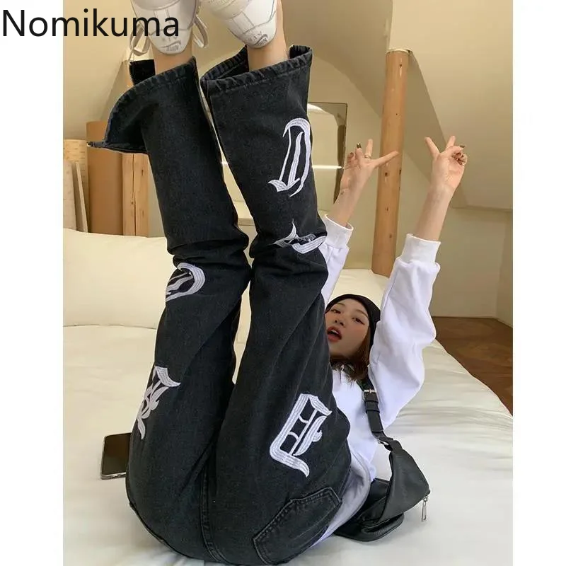 

Женские широкие брюки Nomikuma с высокой талией, свободные женские брюки с вышивкой, винтажные модные повседневные уличные брюки в стиле Харадзюку Y2k