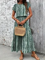 Plus Size Women's Dark Green Tie-Dye Pattern Crop Top & Maxi Skirt 2-Piece Set - Boho Casual Vacation/Daily Style (0XL-4XL) - Image 3