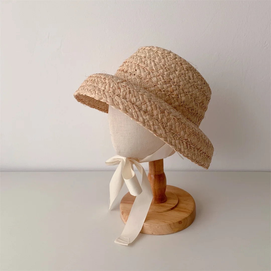 Summer Sun Hat Girls Raffia Straw Hat Retro Travel Sunscreen Beach Vacation with Lacing for Children Holidays