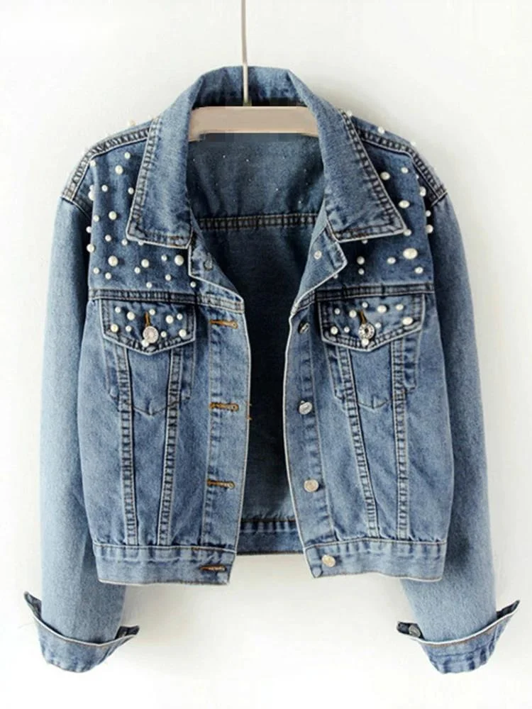 

NICEWOMEN Fast Delivery New Autumn Fashion Women Denim Jacket Full Sleeve Loose Button Pearls Short Lapel Wild Casual 2023 AH250