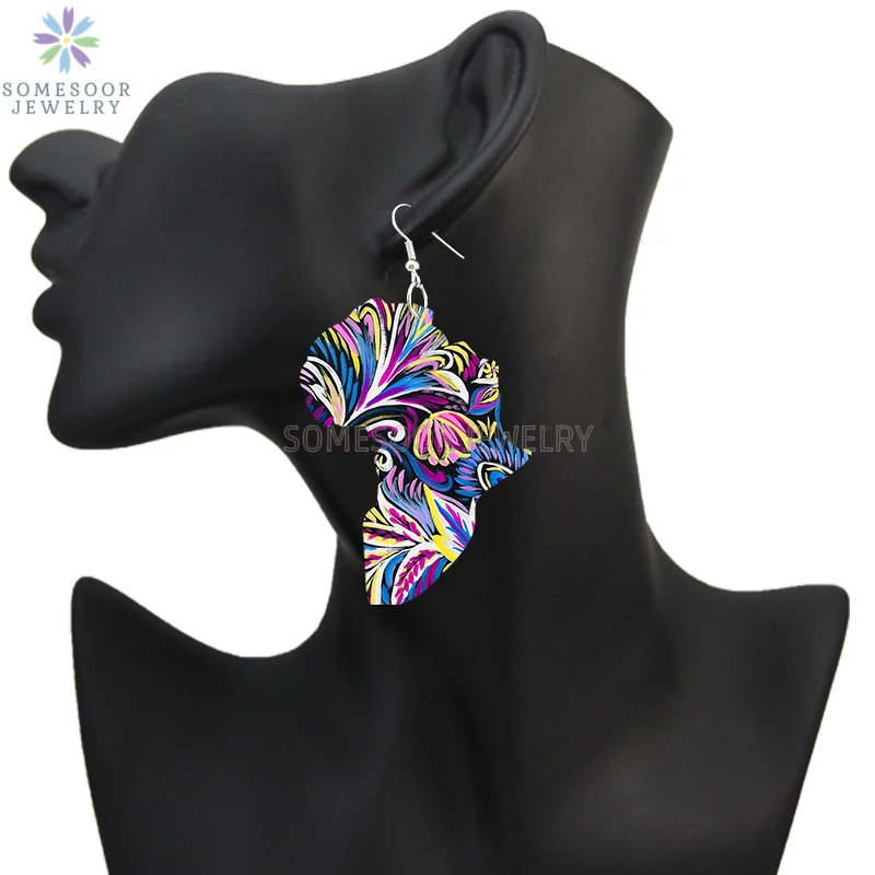 SOMESOOR Mixed Wholesale African Ethnic Ankara Fabric Print Wooden Drop Earrings For Women Gifts Afro Geometric Pendants 7 Pairs
