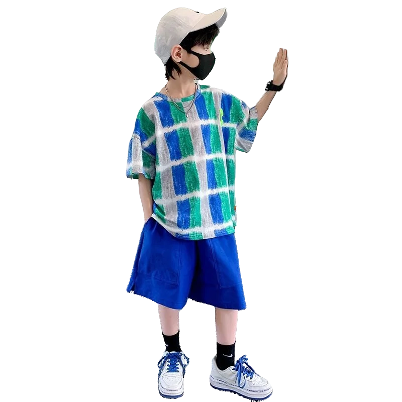 

Teen Boy Summer Clothes 2 Pieces Set Short Sleeve T-Shirt + Shorts Patchwork Fashion Kids Cotton Boys Clothing Suit For 5-14Yrs