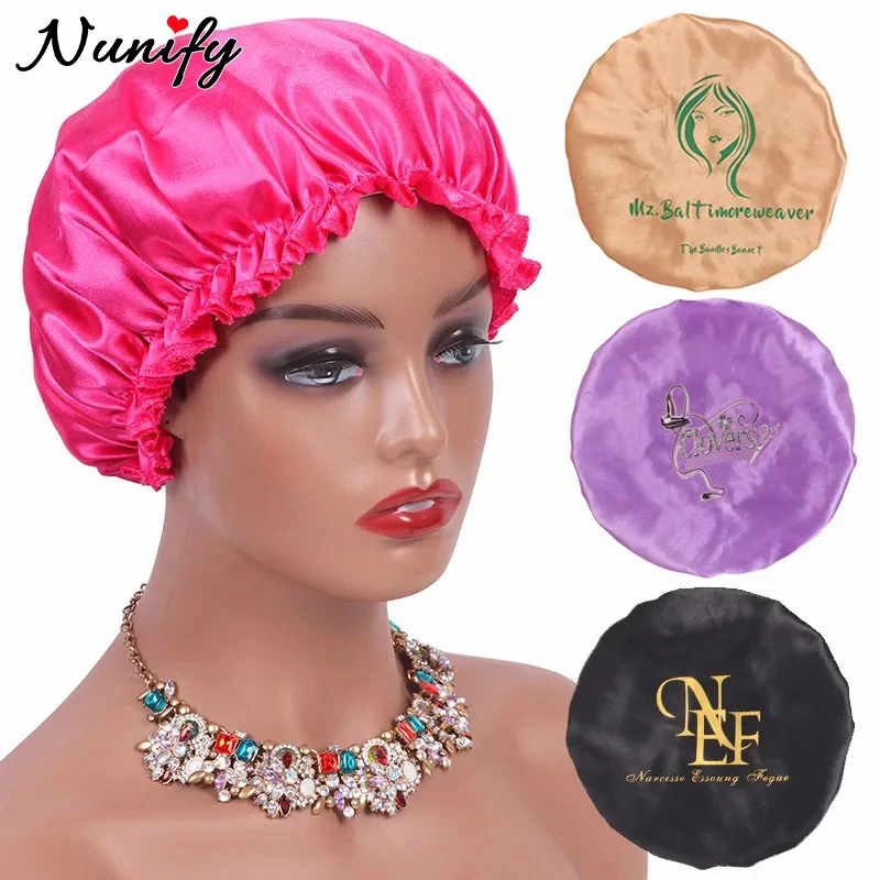 

20Pcs Satin Bonnets With Your Own Logo Silk Bonnet Hair Bonnet For Sleeping Black Purple Pink Adjustable Double Layer Hair Cap