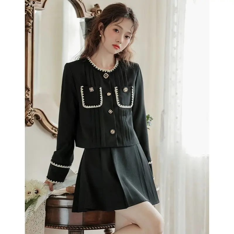 

Insozkdg Elegant Women Two Pieces Set Black New Korean Fashion Single-Breasted Jackets Mini Skirt Casual Office Ladies Outfit