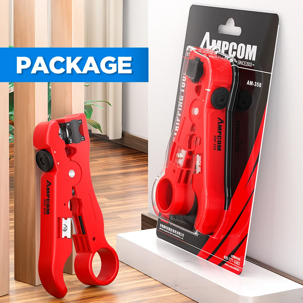 AMPCOM All-In-One Cable Wire Stripping Tool Compression Tool Coaxial Cable Stripper Round Cutter and Flat cable stripping tool