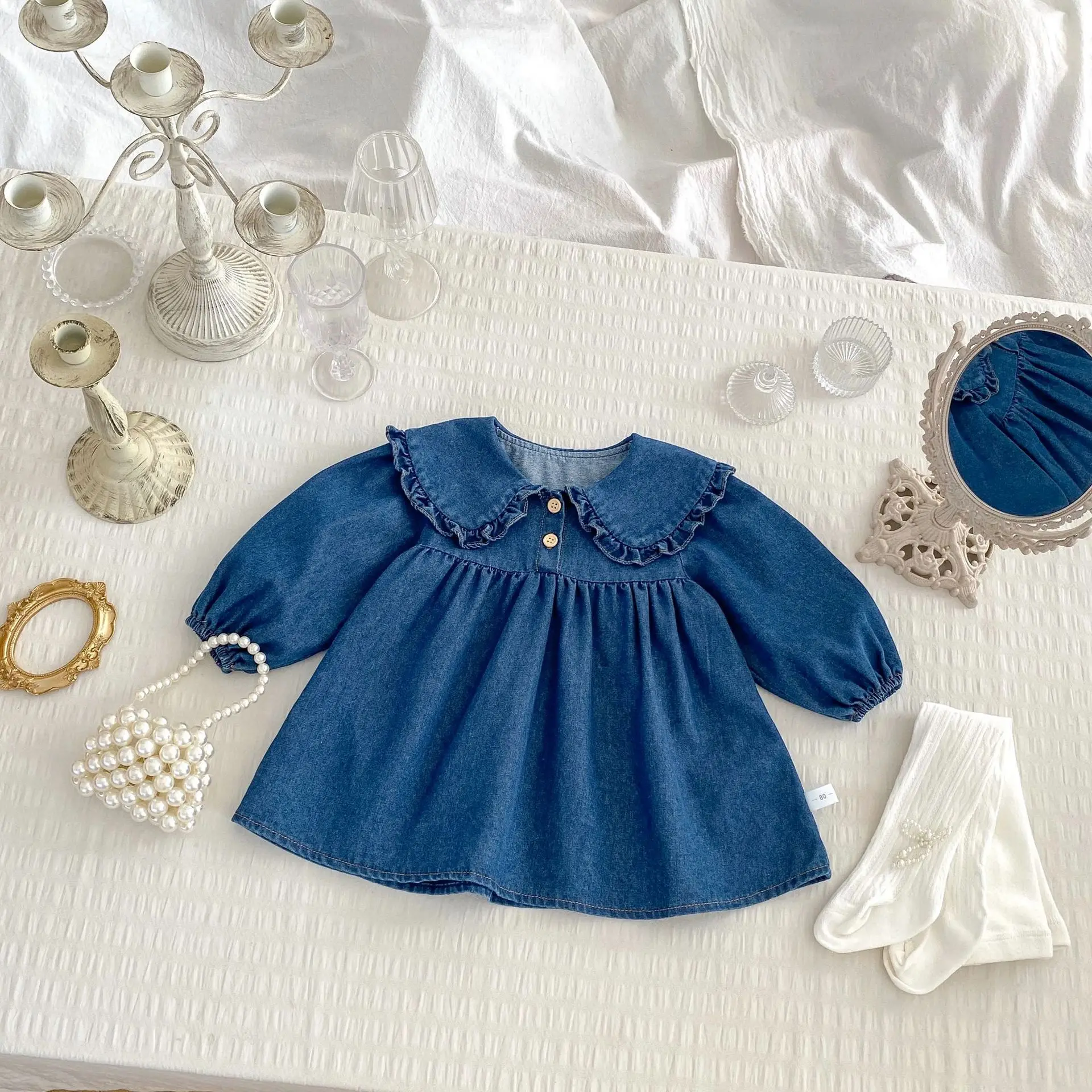 Denim Baby Girls Bodysuit Peter Pan Collar One Piece