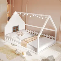 House Bed for Kids Full Montessori Floor Bed Wood Frame with Rails and Window, No Box Spring Needed, for Kids Teens Girls Boys 1