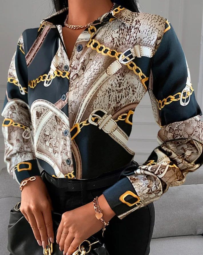 Women Shirts and Blouses New Feminine Top Long Sleeve Casual Chain Print Buttoned Satin Blouse Turn-Down Collar Women Loose Tops