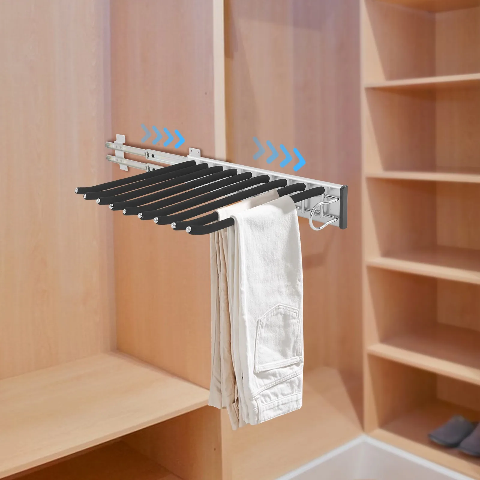 Robuster, recht montierter, ausziehbarer Hosenständer mit geräuschloser Gleitschiene, 9-Stab-Beflockung, Stahl-Hosen-Organizer, platzsparend – Detail 8