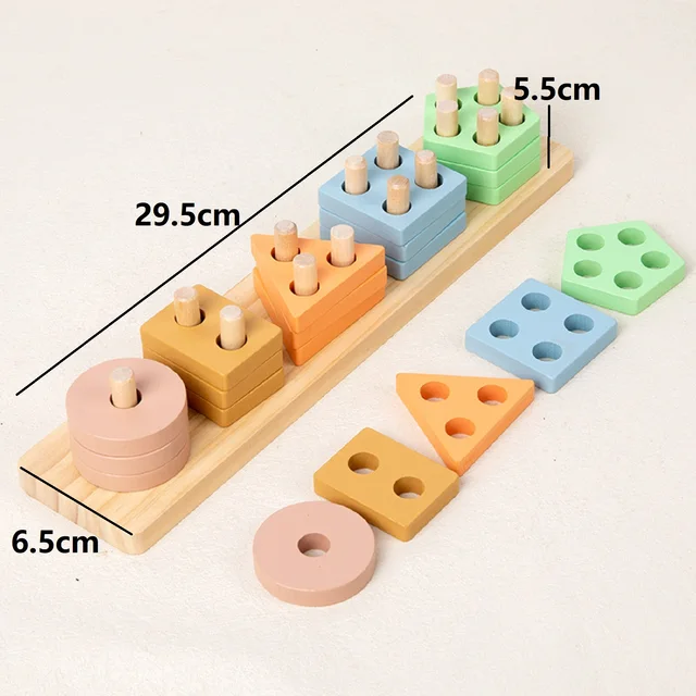 Wooden set of post building blocks baby fine motor toddler early education geometric shape matching color cognition classificati 4
