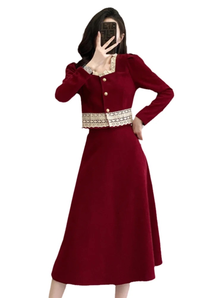 

Chinese New Year Red Chic Style Dress Set for Women Early Spring Engagement Dress Skirt Two-Piece Set Spring 2024 New Model Hot